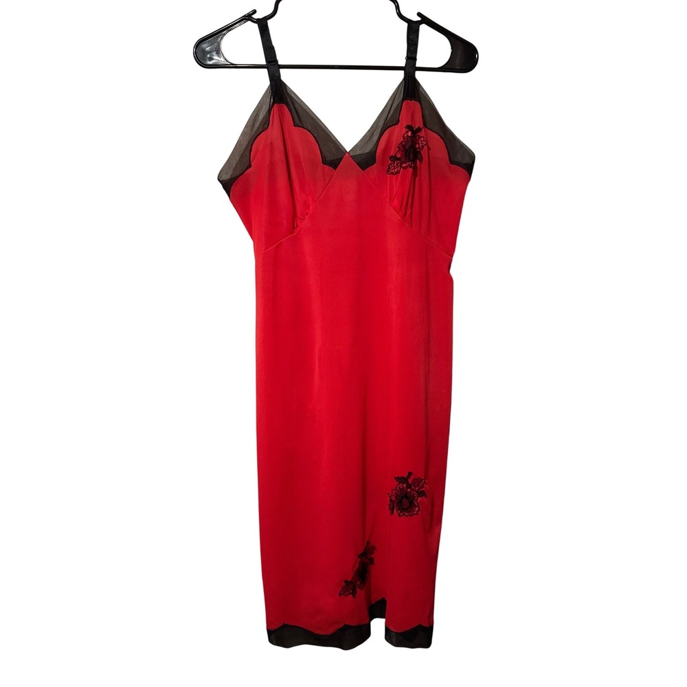 Vtg Movie Star Red Slip Dress Nylon Black Mesh Floral Embroidered USA Sz 8